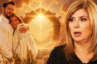 Η Ασπασία με δάκρυα στα μάτια και έκφραση γαλήνης, ενώ δίπλα της εμφανίζεται ως όραμα ο γιος της, Κίμωνας