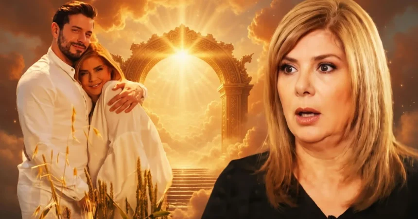 Η Ασπασία με δάκρυα στα μάτια και έκφραση γαλήνης, ενώ δίπλα της εμφανίζεται ως όραμα ο γιος της, Κίμωνας