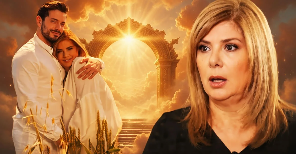 Η Ασπασία με δάκρυα στα μάτια και έκφραση γαλήνης, ενώ δίπλα της εμφανίζεται ως όραμα ο γιος της, Κίμωνας