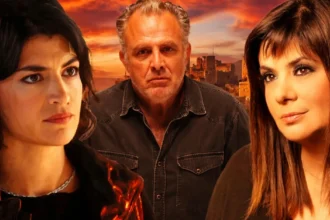 Κολάζ πρωταγωνιστών από τη σειρά Η Γη της Ελιάς με την Ασπασία σε απόγνωση, την Αλεξάνδρα να κλαίει και τον Στάθη με αποφασιστικό βλέμμα στα επεισόδια του φινάλε.