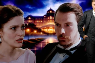 Η Αλίκη από τη σειρά Grand Hotel δακρυσμένη κοιτάζει τον Πέτρο, ενώ η Κυβέλη αντιμετωπίζει έντρομη μια ένοπλη απειλή.