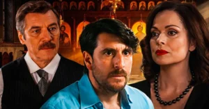 Η Κυβέλη και ο Ρήγας ντυμένοι επίσημα, ενώ σε άλλη σκηνή η Αλίκη χάνει τις αισθήσεις της και καταρρέει μέσα στη σάλα του ξενοδοχείου στο Grand Hotel.