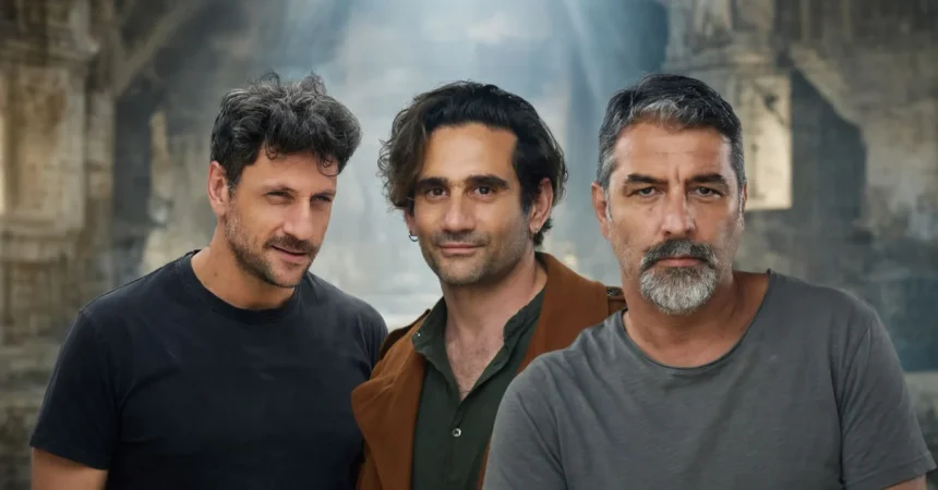 Κολάζ με τους πρωταγωνιστές των νέων σειρών του MEGA, Γιώργο Χρυσοστόμου, Οδυσσέα Παπασπηλιόπουλο και Βασίλη Μπισμπίκη.