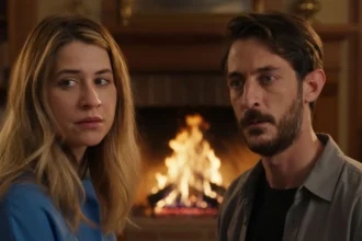 Ο Σάββας κοιτάζει με σκληρότητα και αποφασιστικότητα την Άσπα, η οποία βρίσκεται σε απόγνωση μπροστά στα χαρτιά του διαζυγίου, στη σειρά Μια νύχτα μόνο.