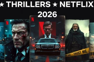 Κολάζ με αφίσες από τις κορυφαίες σειρές θρίλερ του Netflix, συμπεριλαμβανομένων των Detective Hole, The Lincoln Lawyer και Trust Me, για τον Απρίλιο του 2026.