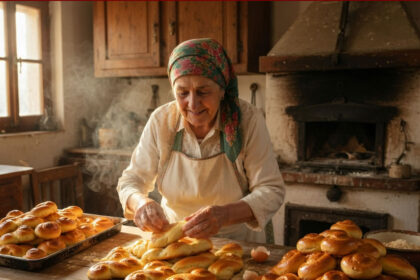 Αφράτα, φρεσκοψημένα πασχαλινά κουλουράκια της γιαγιάς σε σχήμα πλεξούδας, τοποθετημένα σε ένα γιορτινό πασχαλινό τραπέζι.