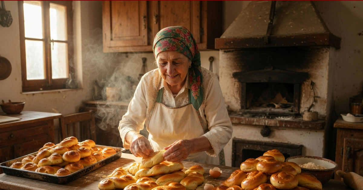 Αφράτα, φρεσκοψημένα πασχαλινά κουλουράκια της γιαγιάς σε σχήμα πλεξούδας, τοποθετημένα σε ένα γιορτινό πασχαλινό τραπέζι.