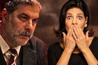 Η Αλεξάνδρα σε κατάσταση σοκ καθώς ο αστυνόμος Γιάμαρης της περνάει χειροπέδες στο σαλόνι του σπιτιού της στη σειρά Πόρτο Λεόνε.