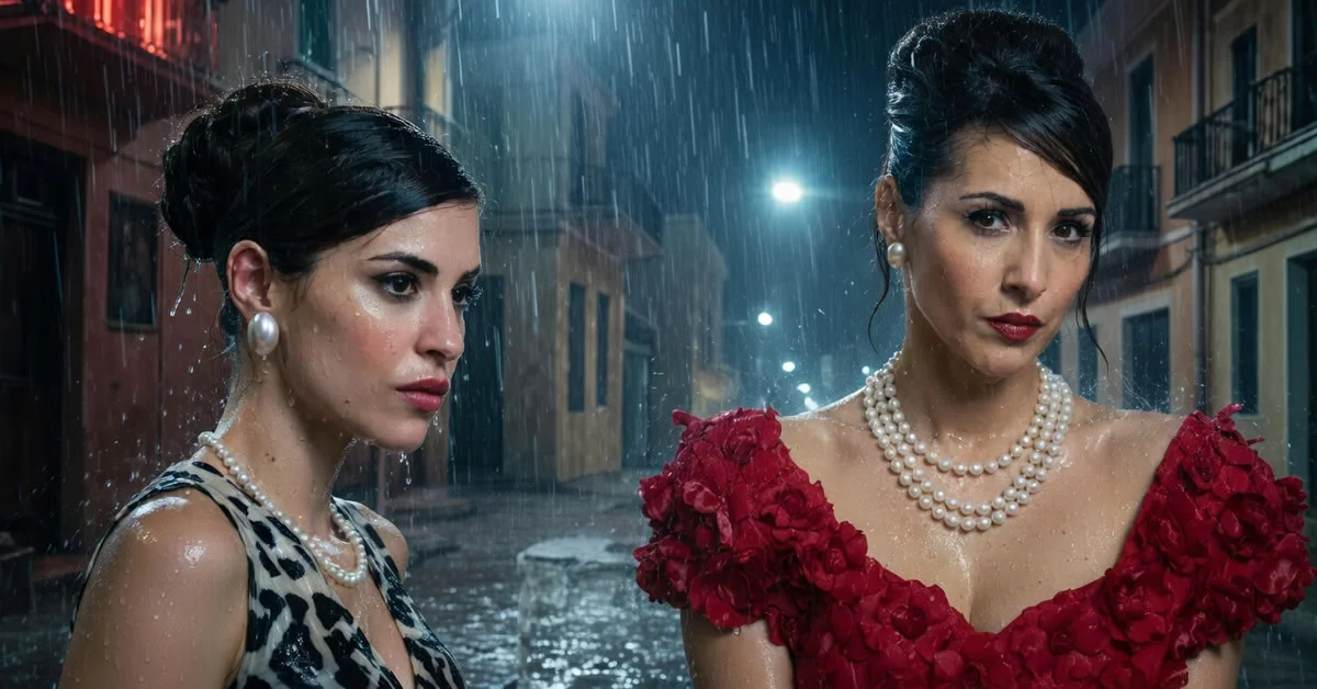 Η Βίκυ στήνει την παγίδα της με αποφασιστικό βλέμμα, ενώ σε άλλο πλάνο η Ρίτα παρακολουθεί έντονα ενοχλημένη τη νέα υπάλληλο, Άντζελα, στη σειρά Porto Leone.