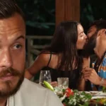 Κολάζ εικόνων: Αριστερά, η Μαντίσα ανταλλάσσει ένα παθιασμένο φιλί στο τραπέζι του Πάρτι της Ένωσης. Δεξιά, ο Δημήτρης παρακολουθεί με σοβαρό και έντονα δυσαρεστημένο ύφος.