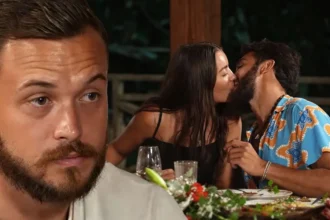 Κολάζ εικόνων: Αριστερά, η Μαντίσα ανταλλάσσει ένα παθιασμένο φιλί στο τραπέζι του Πάρτι της Ένωσης. Δεξιά, ο Δημήτρης παρακολουθεί με σοβαρό και έντονα δυσαρεστημένο ύφος.