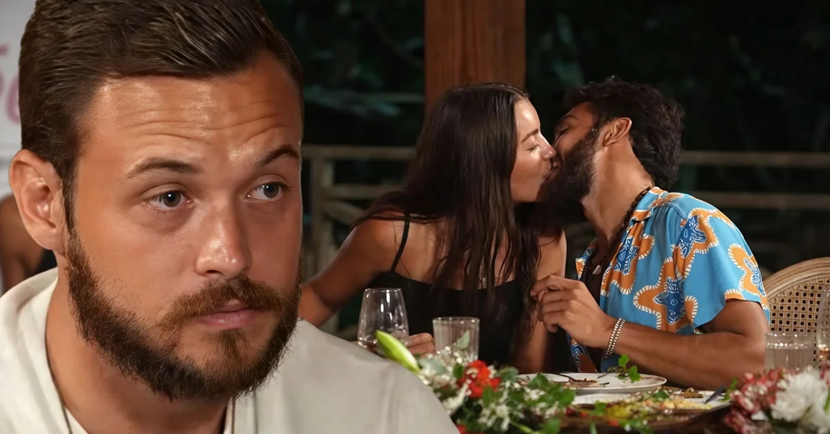 Κολάζ εικόνων: Αριστερά, η Μαντίσα ανταλλάσσει ένα παθιασμένο φιλί στο τραπέζι του Πάρτι της Ένωσης. Δεξιά, ο Δημήτρης παρακολουθεί με σοβαρό και έντονα δυσαρεστημένο ύφος.