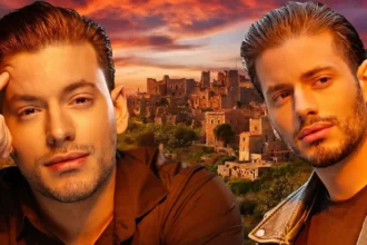 Ο τραγουδιστής και ηθοποιός Βαγγέλης Κακουριώτης ποζάρει χαμογελαστός, γνωστός για τον ρόλο του ως Κίμωνας στη δραματική σειρά Η Γη της Ελιάς.