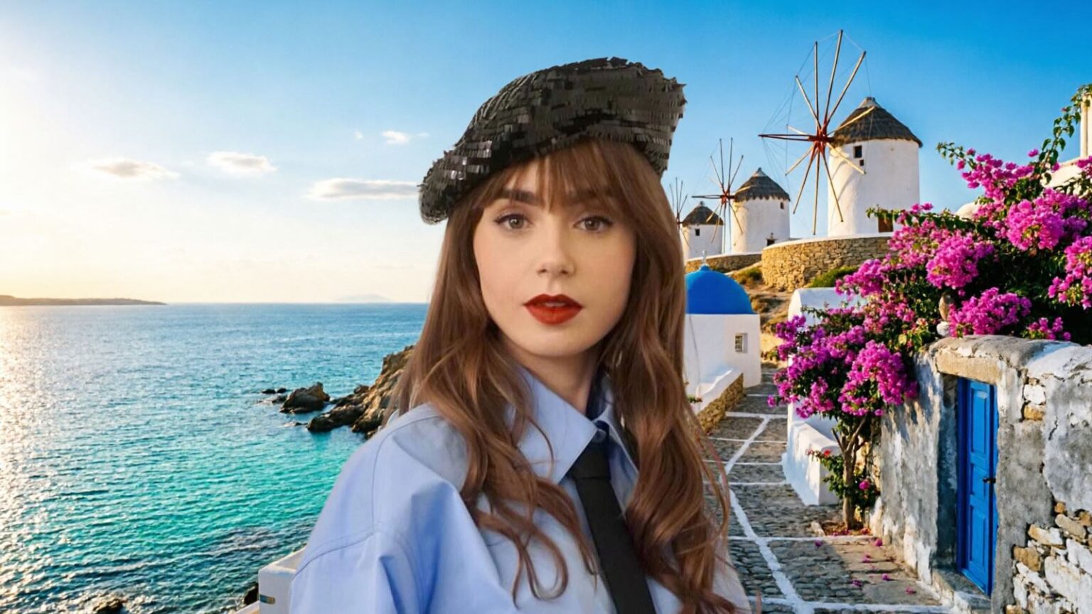 Η Lily Collins στα γυρίσματα της σειράς Emily in Paris.