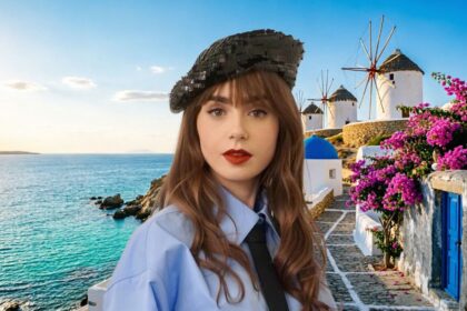 Η Lily Collins στα γυρίσματα της σειράς Emily in Paris.