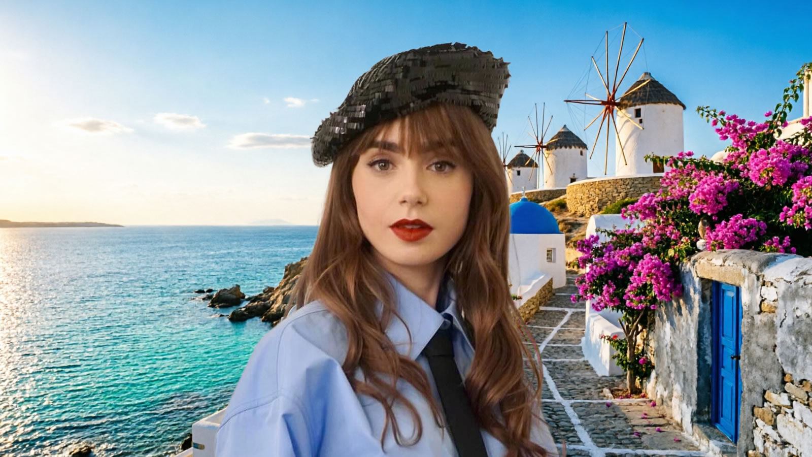 Η Lily Collins στα γυρίσματα της σειράς Emily in Paris.
