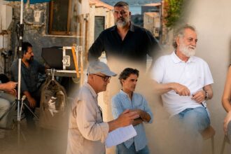Ο Βασίλης Μπισμπίκης και ο Αντώνης Μυριαγκός στα γυρίσματα της σειράς «Δυο μαύρα πουκάμισα» του MEGA