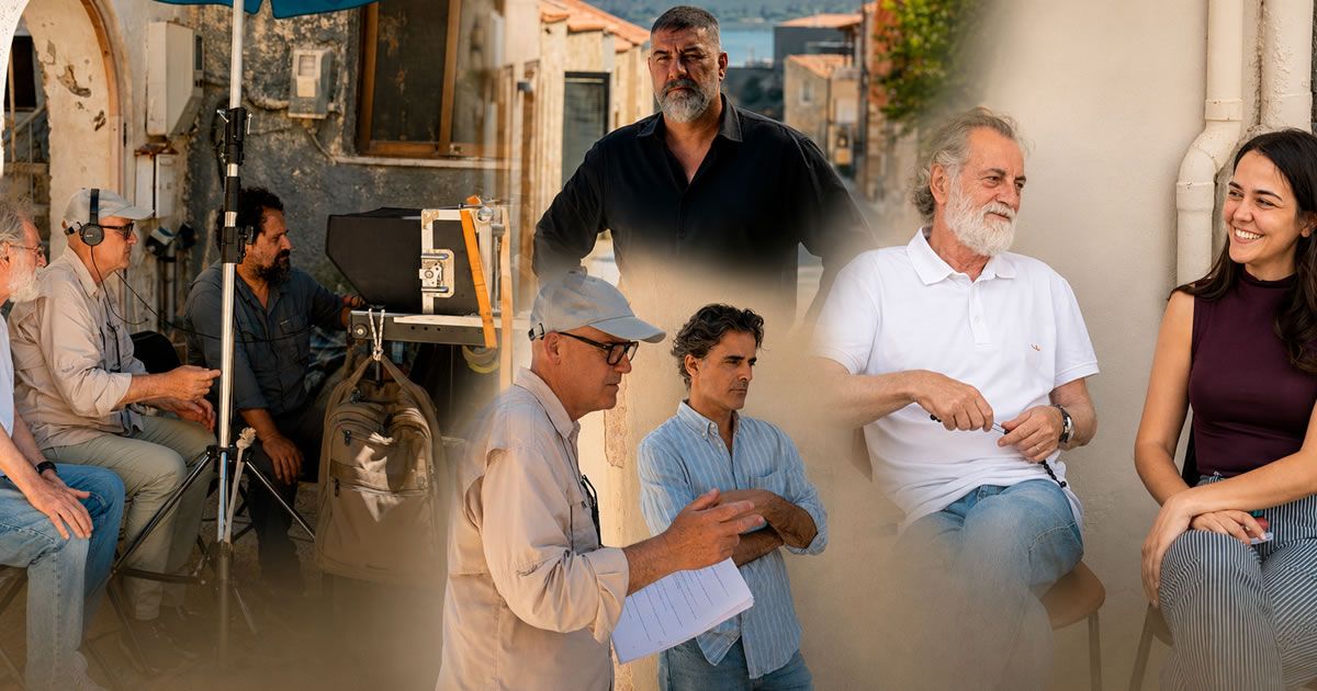 Ο Βασίλης Μπισμπίκης και ο Αντώνης Μυριαγκός στα γυρίσματα της σειράς «Δυο μαύρα πουκάμισα» του MEGA