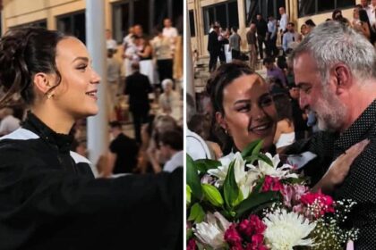 Η Βικτώρια Δέλλα με τον πατέρα της Τραϊανό Δέλλα στην αποφοίτηση από το σχολείο