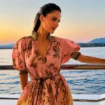 Η Αλεξάνδρα Νίκα φορά αέρινο καλοκαιρινό φόρεμα πάνω σε σκάφος με φόντο το ηλιοβασίλεμα στη θάλασσα.