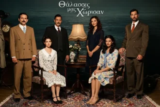 Το εξώφυλλο του μυθιστορήματος Θάλασσες μας χώρισαν δίπλα σε τηλεοπτική κάμερα κατά τη διάρκεια γυρισμάτων.