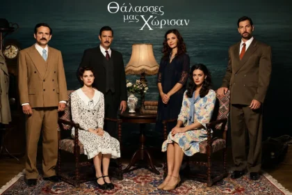 Το εξώφυλλο του μυθιστορήματος Θάλασσες μας χώρισαν δίπλα σε τηλεοπτική κάμερα κατά τη διάρκεια γυρισμάτων.
