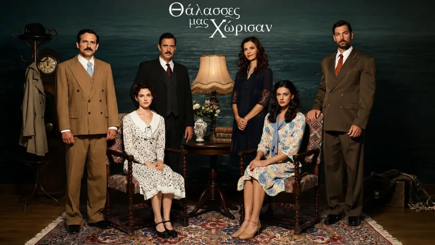 Το εξώφυλλο του μυθιστορήματος Θάλασσες μας χώρισαν δίπλα σε τηλεοπτική κάμερα κατά τη διάρκεια γυρισμάτων.
