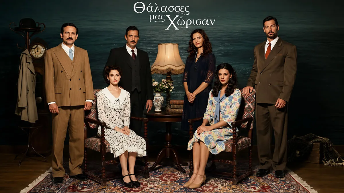 Το εξώφυλλο του μυθιστορήματος Θάλασσες μας χώρισαν δίπλα σε τηλεοπτική κάμερα κατά τη διάρκεια γυρισμάτων.