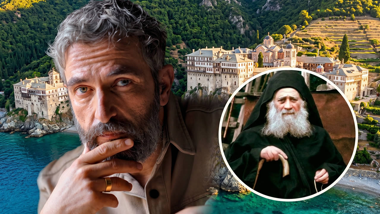Ο Άρης Σερβετάλης ως Άγιος Ιωσήφ ο Ησυχαστής στα γυρίσματα της νέας βιογραφικής σειράς του MEGA στο Άγιο Όρος.