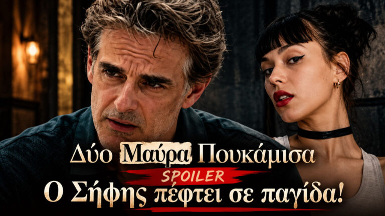 Ο Αντώνης Μυριαγκός ως Σήφης και ηΣτεφανία Χαμπλομάτη στη σειρά «Δυο Μαύρα Πουκάμισα» του MEGA, όπου ο Μαλεφάκης παγιδεύει τον δάσκαλο.